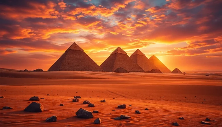 Discover the breathtaking piraminds standing tall against a desert sunset.