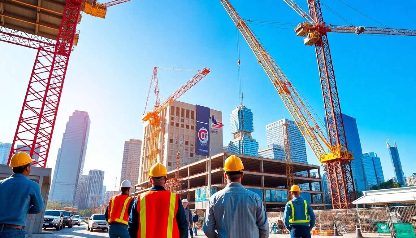 Austin construction team collaborating on a project with cranes in a bustling site.