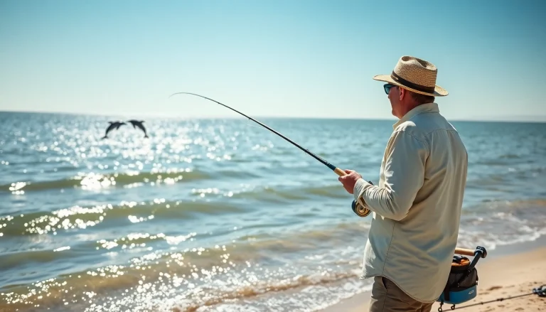 Engaged angler practicing saltwater fly fishing against a picturesque ocean backdrop.