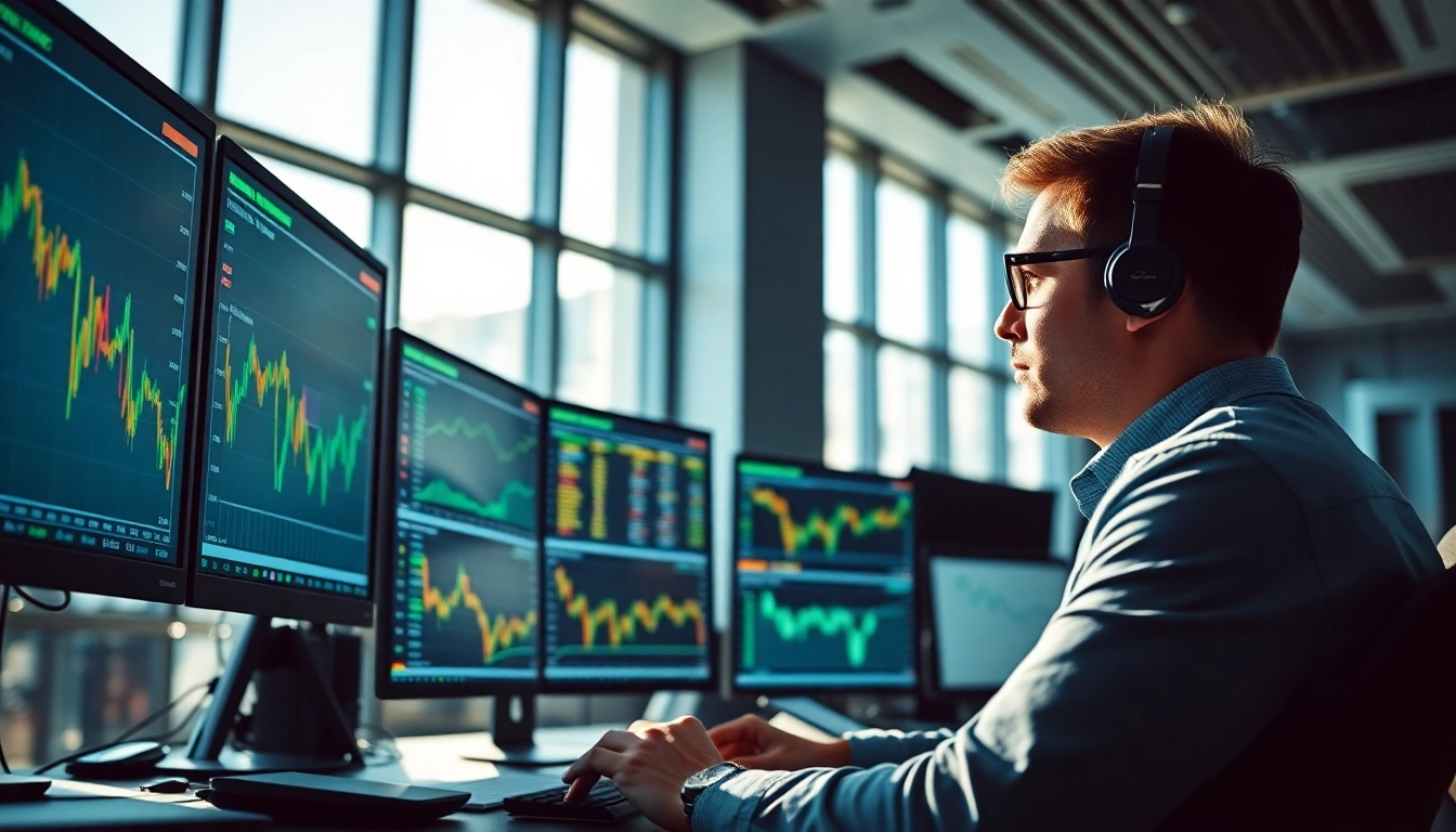 Sway markets trading analysis in a sleek office with multiple screens displaying market data.