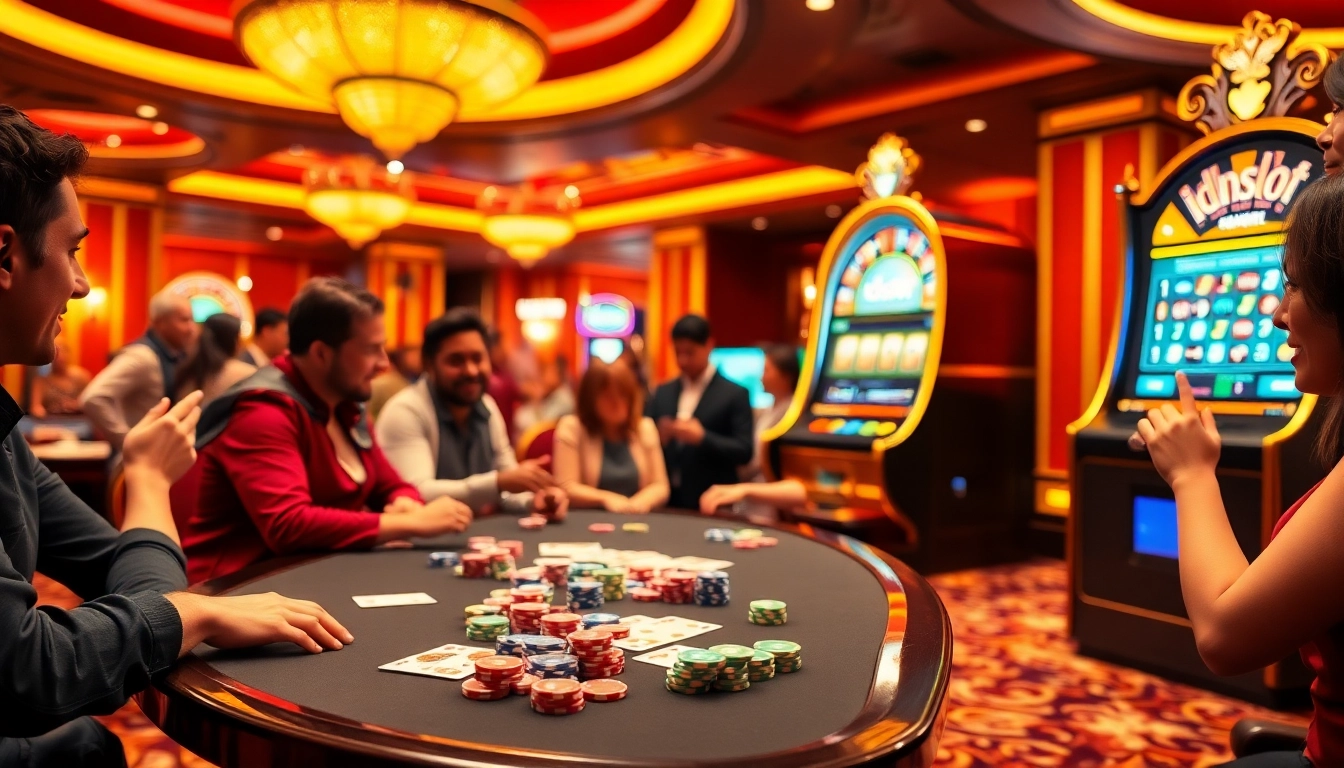 Engaged players enjoying the excitement of idnslot at an opulent casino with vibrant slot machines.