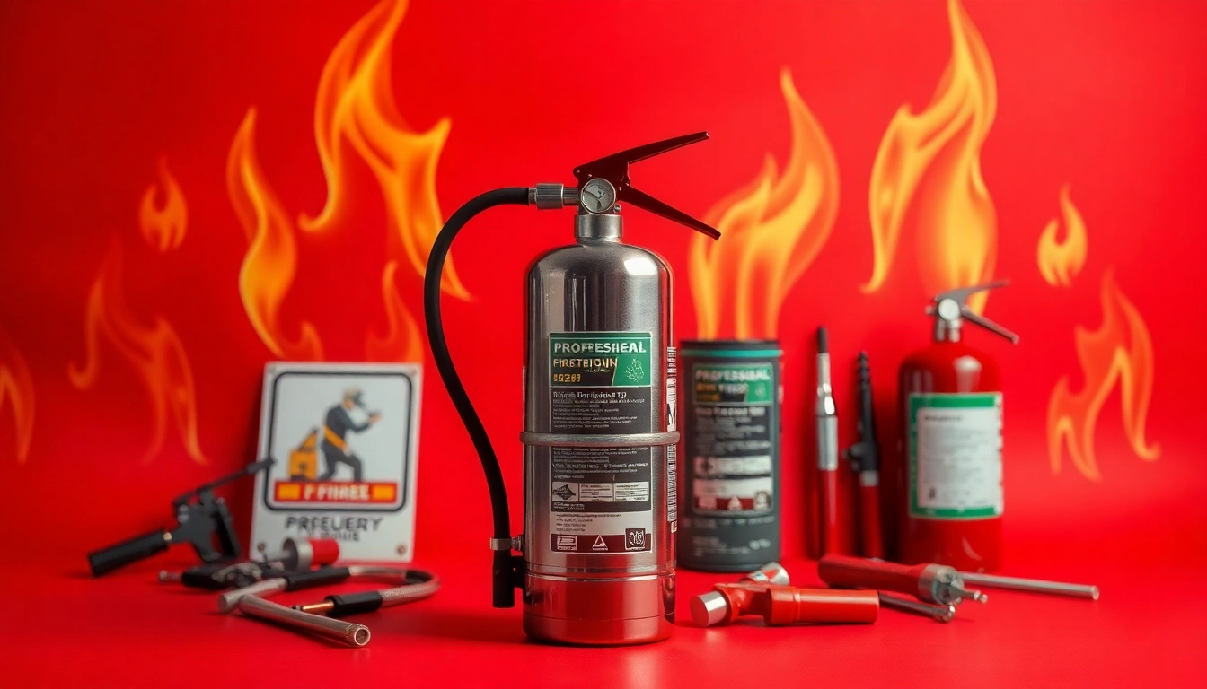 Safely positioned electrical fire extinguisher amidst safety gear and emergency signs, promoting fire safety.
