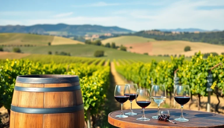 Engaging vineyard scene at Winery Sacramento with wine glasses and lush grapevines.