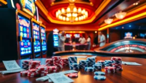 Adegan permainan slot deposit pulsa tanpa potongan yang menarik dengan elemen kasino yang cerah.