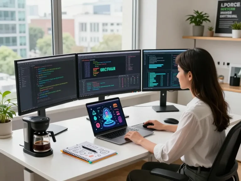 Developer generating AI prompts from images at a creative workspace.