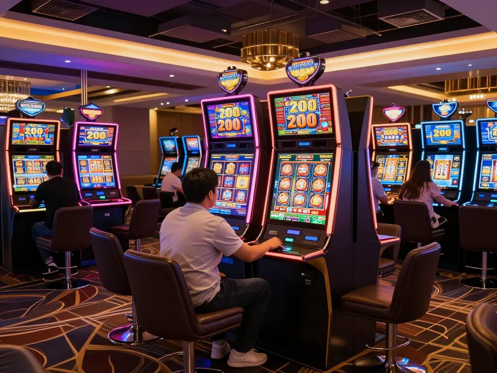 Players enjoying slot bet 200 at vibrant casino machines, celebrating low-stakes wins.