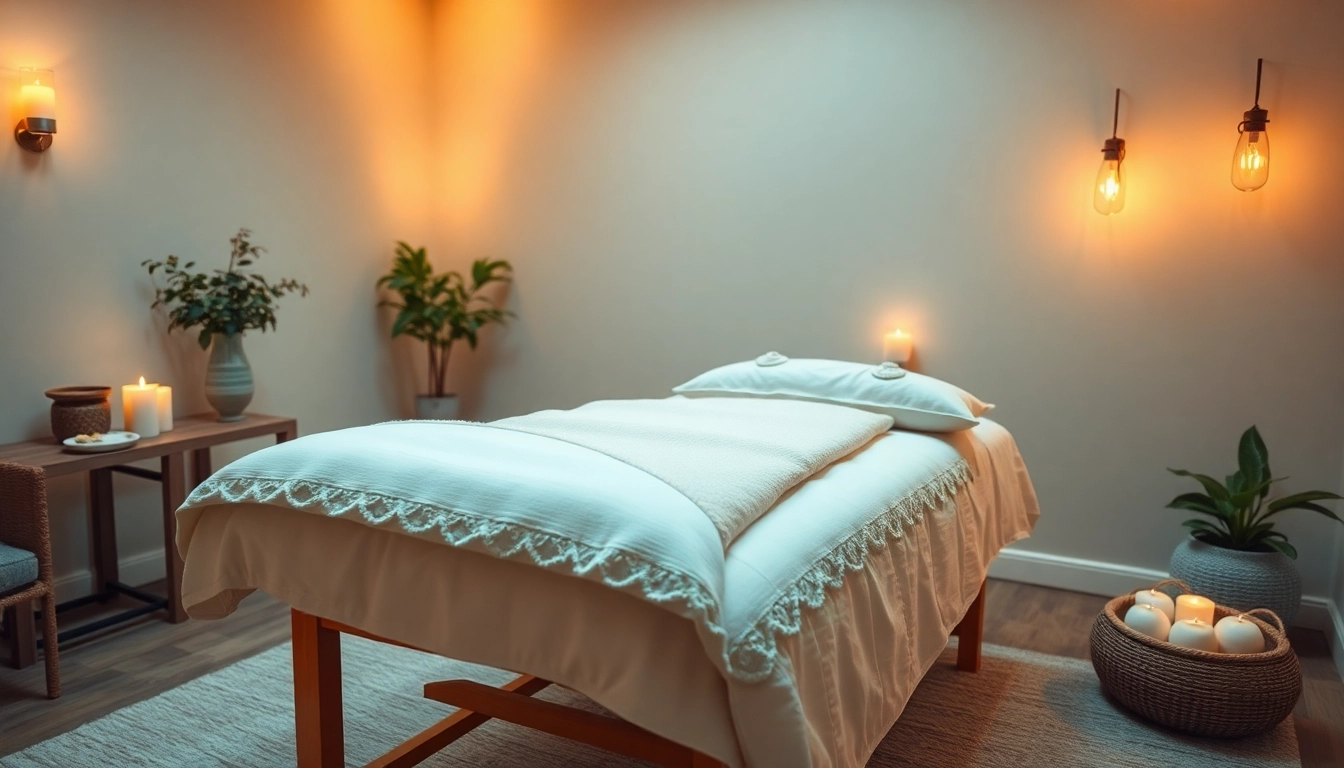 편안한 분위기와 차분한 장식이 있는 마사지 치료실.