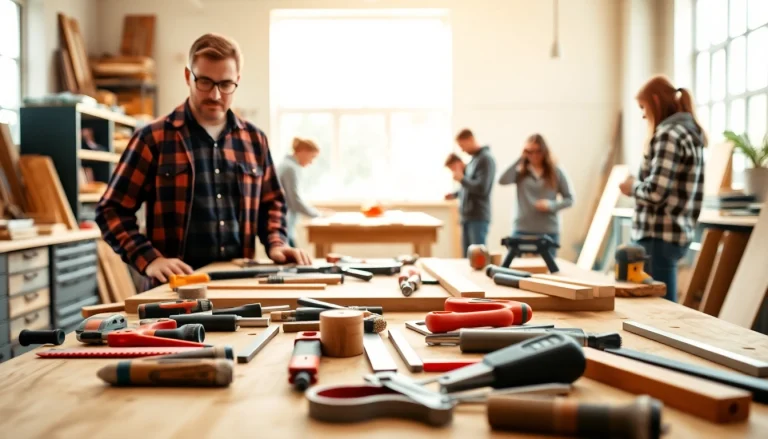 Engaged students in a carpentry apprenticeship workshop learning hands-on skills.