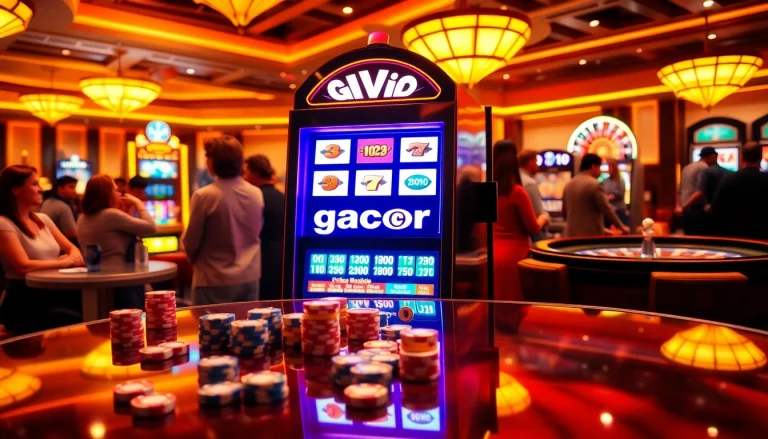 Slot gacor excitement at a lively casino with bright slot machines and engaged players.