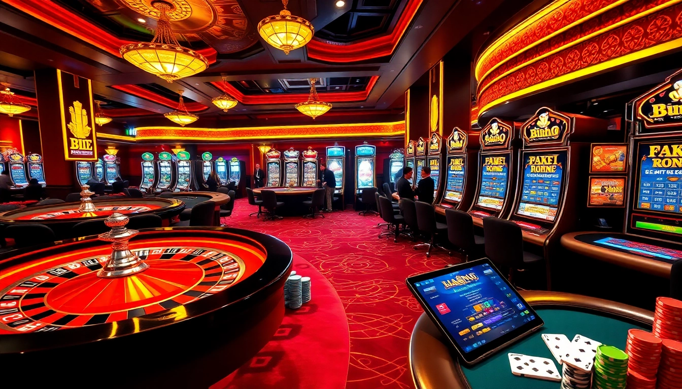 Joueurs profitant d'une scène vibrante de casino en ligne Français avec roulette, poker et machines à sous.