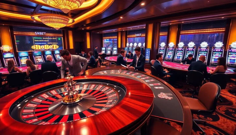 SHBET players engaging in high-stakes poker and roulette in a vibrant casino environment.