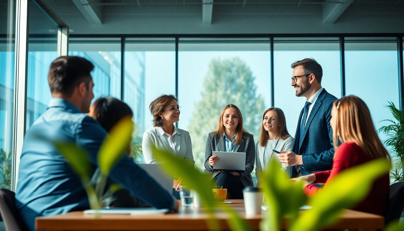 Corporate coach engaging with clients in a professional discussion in a modern office.