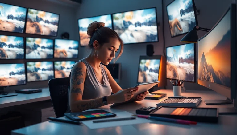 Image to prompt generator showcasing a digital artist creating AI-generated images in a vibrant studio