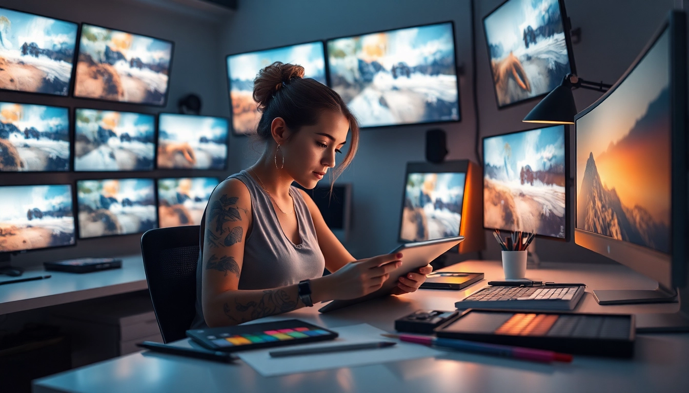 Image to prompt generator showcasing a digital artist creating AI-generated images in a vibrant studio