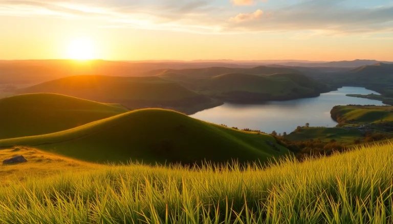 Captivating landscapes showcasing rolling hills and a tranquil lake at sunset.