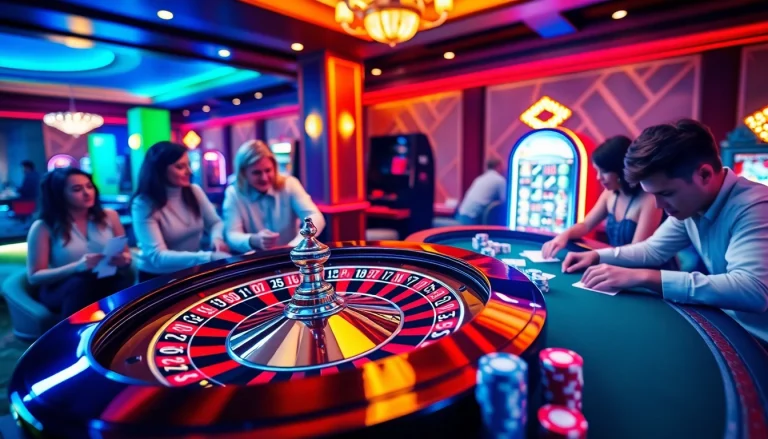 Des joueurs engagés profitant d'une action à enjeux élevés à une table de casino en ligne Français avec des jetons de poker colorés.