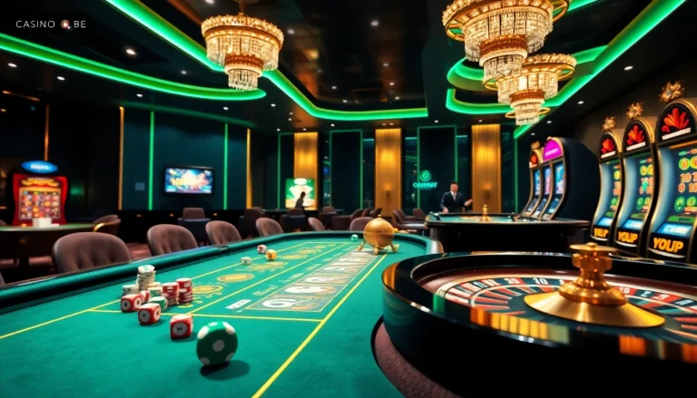 Joueurs profitant de jeux dynamiques dans un cadre luxueux de casino en ligne Français avec des tables vibrantes et des machines à sous.