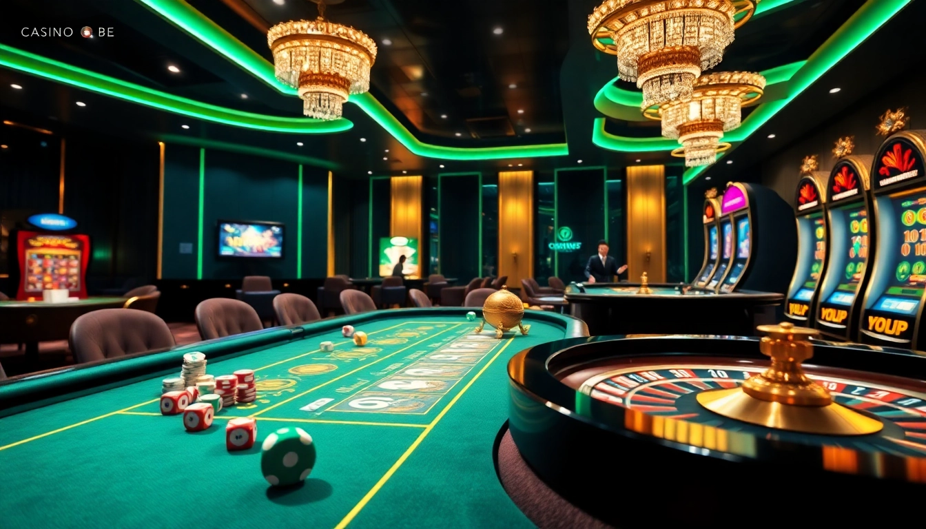 Joueurs profitant de jeux dynamiques dans un cadre luxueux de casino en ligne Français avec des tables vibrantes et des machines à sous.