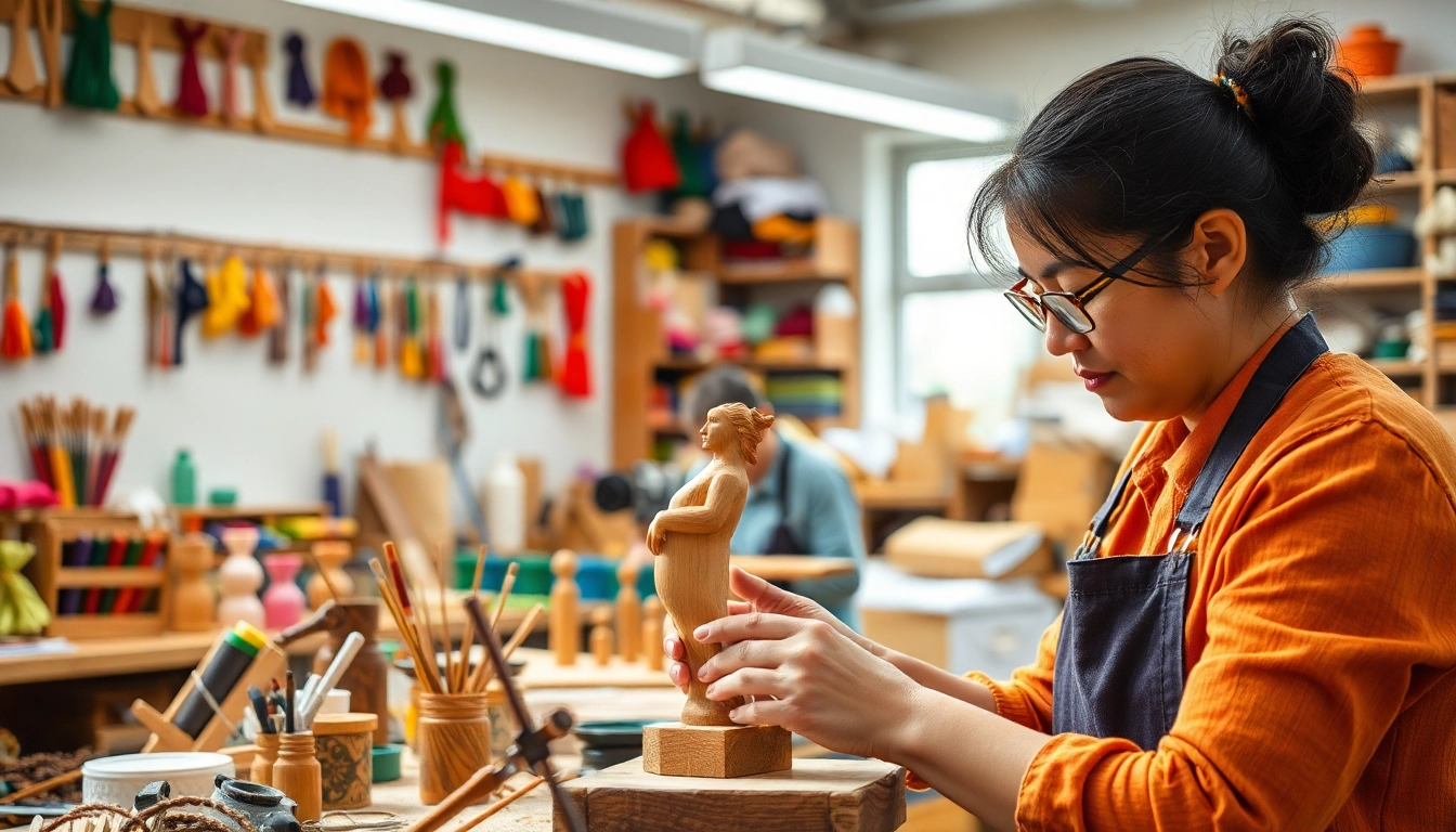 Craft training programs showcase artisans creating unique handmade goods in a vibrant workshop.