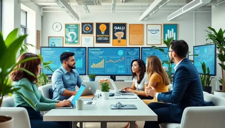 Agencia HubSpot team collaborating on digital marketing strategies in a vibrant office.