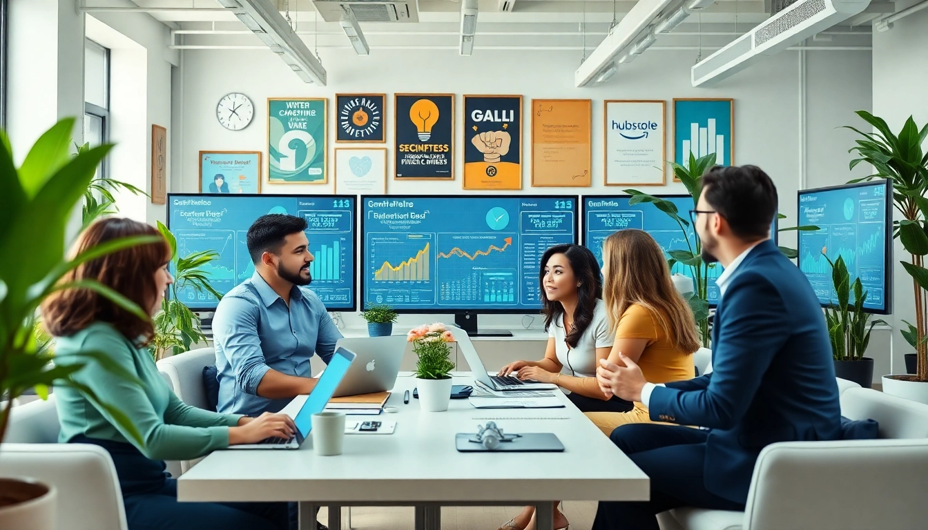 Agencia HubSpot team collaborating on digital marketing strategies in a vibrant office.