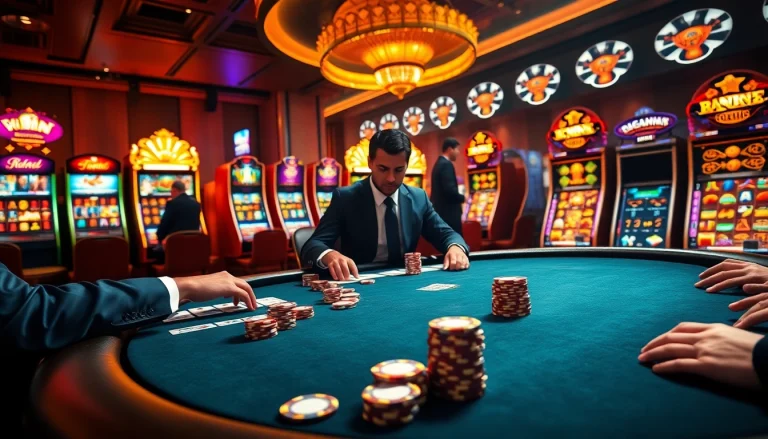 Scène engageante de joueurs à une table de poker dans un cadre luxueux de casino en ligne France, mettant en évidence des jetons et des cartes.