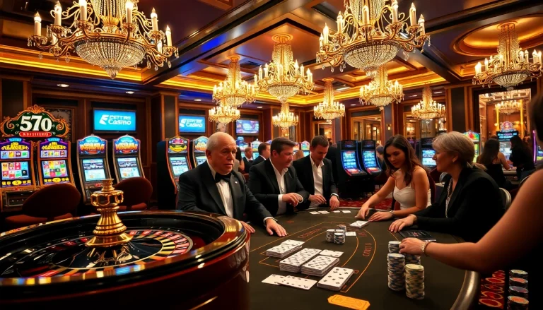Une scène palpitante de joueurs dans un casino en ligne France, s'affrontant à la table de poker et entourés de machines à sous vibrantes.