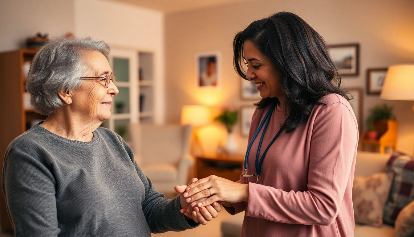 Engaging scene showcasing at home health care services near me with caregiver and elderly person in a cozy setting.