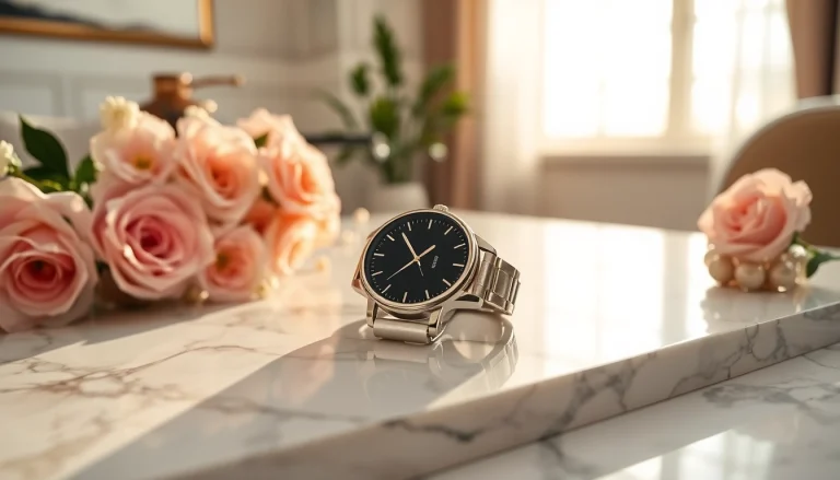 Showcase of Finesse Smart Watch highlighting its sleek design amidst floral decor.