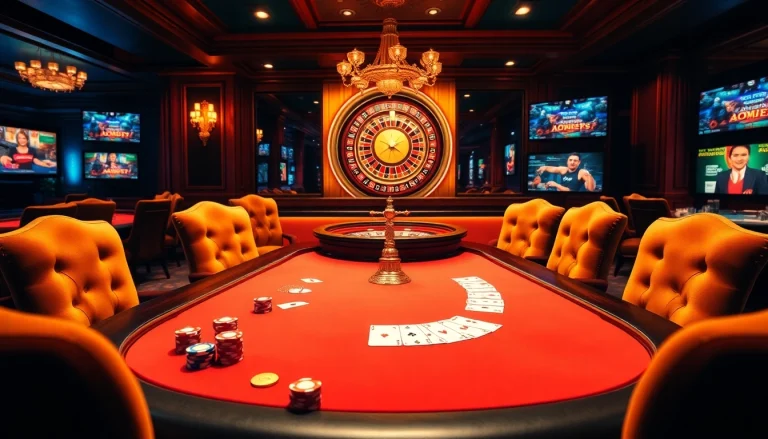 Une scène de jeu en ligne dynamique avec des éléments de poker et de roulette dans un cadre luxueux de casino en ligne Français.