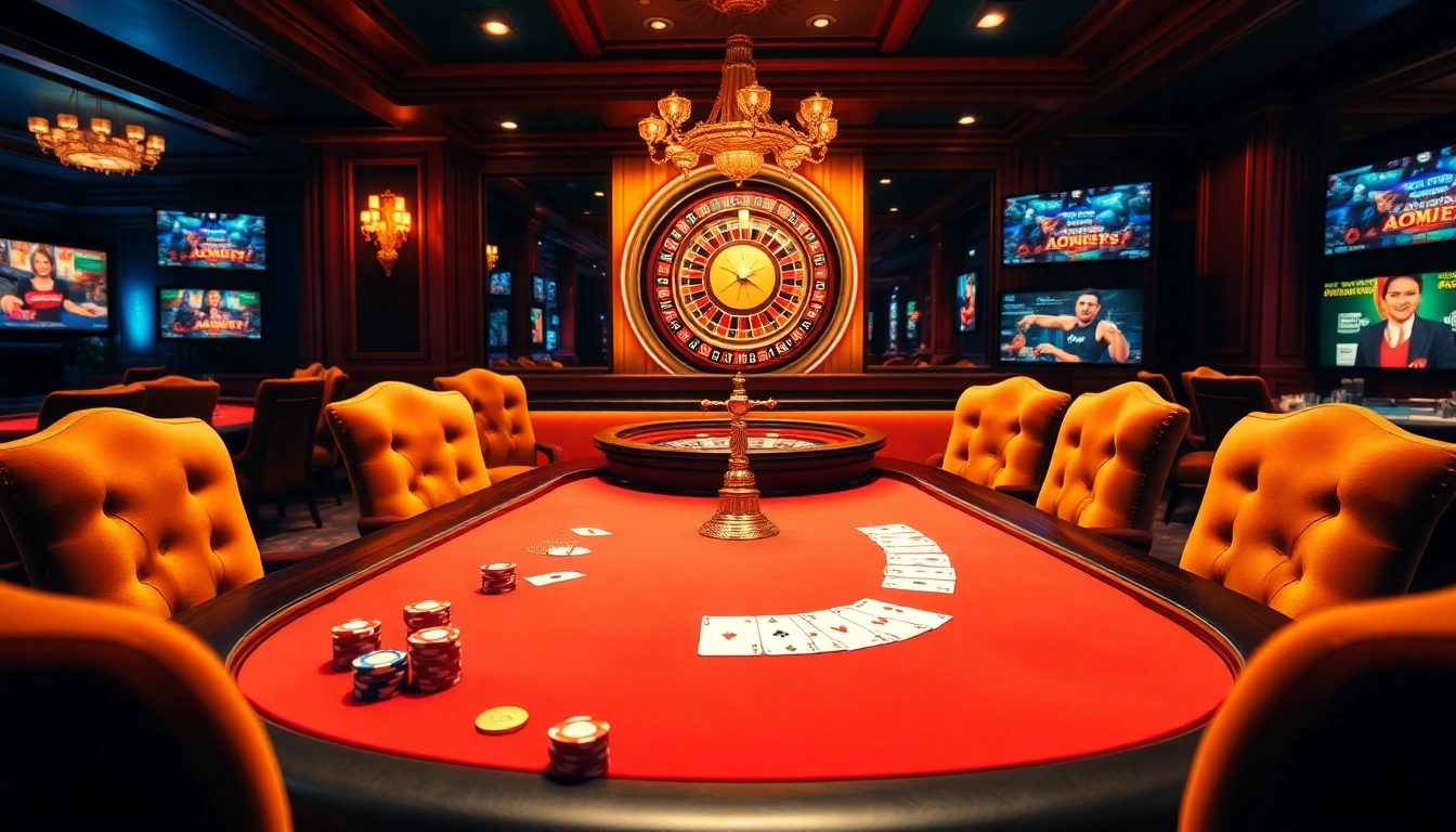 Une scène de jeu en ligne dynamique avec des éléments de poker et de roulette dans un cadre luxueux de casino en ligne Français.