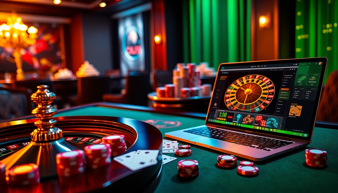 Scène dynamique de jeux d'argent en ligne, mettant en avant des éléments de casino en ligne français avec des couleurs vives et de la technologie.