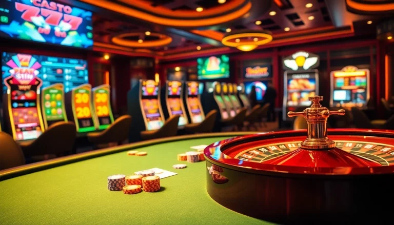 Découvrez l'excitation du casino en ligne français avec des jetons de poker et des tables de jeu vibrantes.