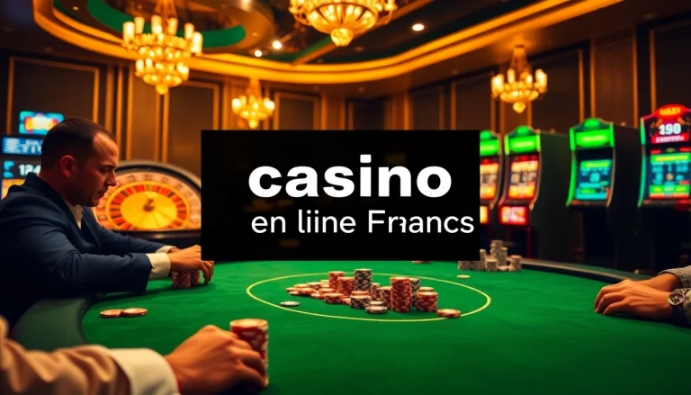 Joueurs de poker intenses élaborant des stratégies à une table à enjeux élevés dans une atmosphère de casino en ligne Français.