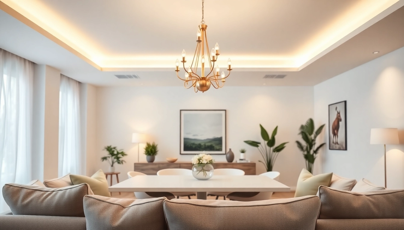 Sleek illumination from modern chandelier enhancing a stylish living room ambiance.