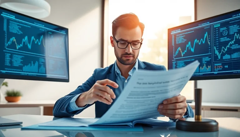 Analizowanie kwestii AI a prawo przez prawnika w nowoczesnym biurze.