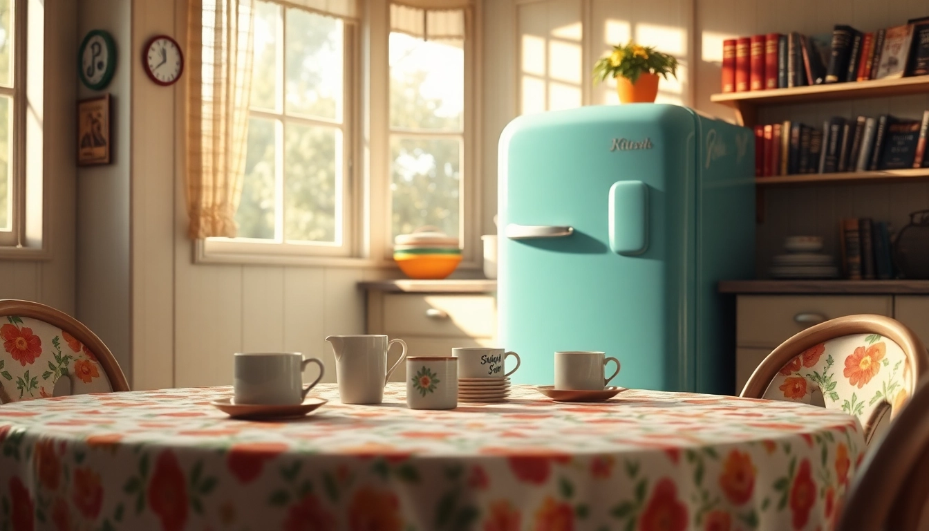 Highlighting a vibrant retro appliance in a vintage kitchen setting filled with warmth and nostalgic charm.