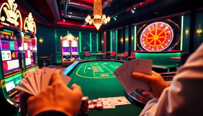 Scène de jeu en ligne passionnante mettant en avant le casino en ligne Français avec des machines à sous vibrantes et des tables de poker.