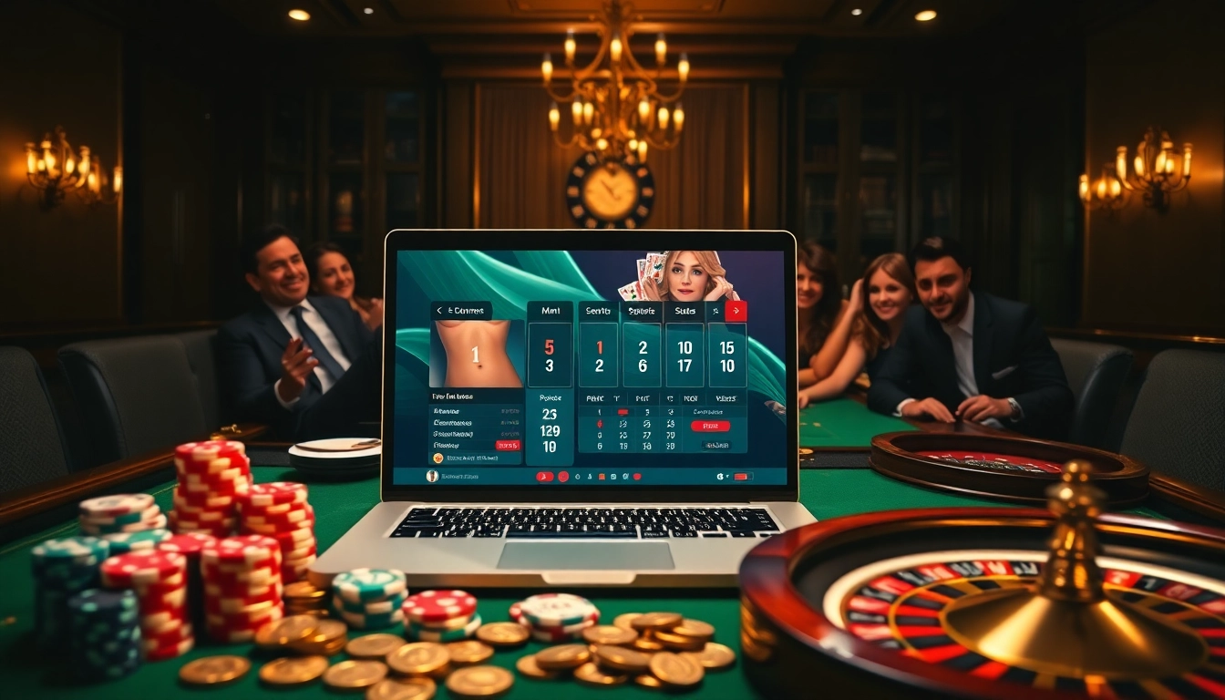 Vivez l'excitation du casino en ligne Français avec une scène de jeu immersive mettant en vedette des jetons de poker et une roulette.