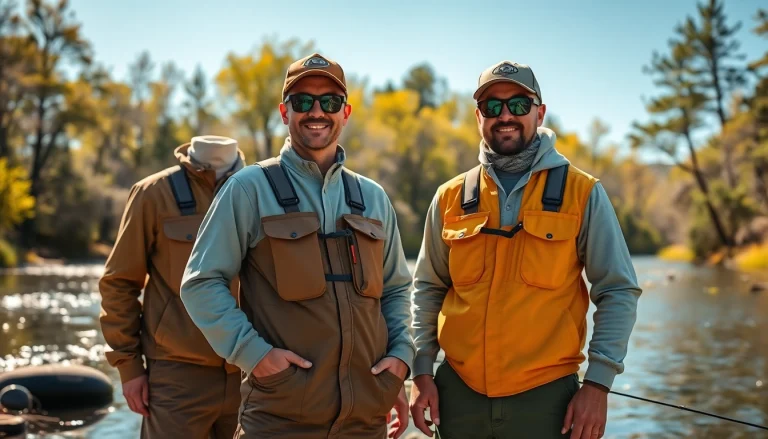 Fly fishing apparel showcased by professional anglers near a scenic river setting.
