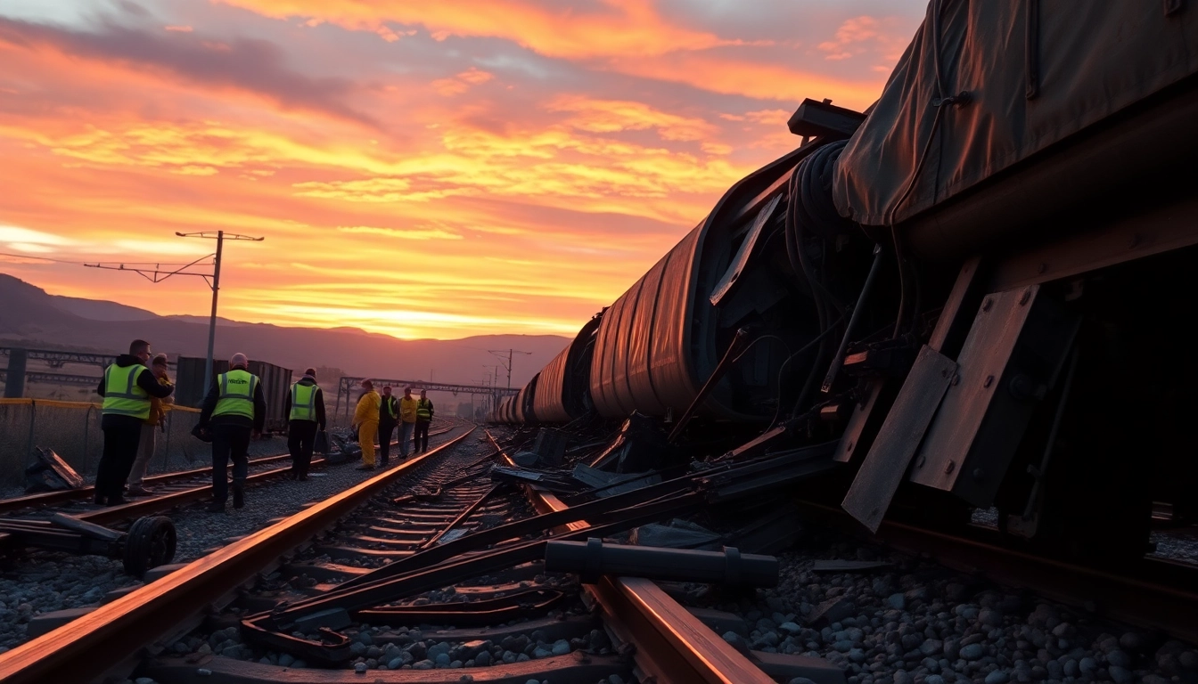 Spain train crash scene with emergency responders aiding injured passengers.
