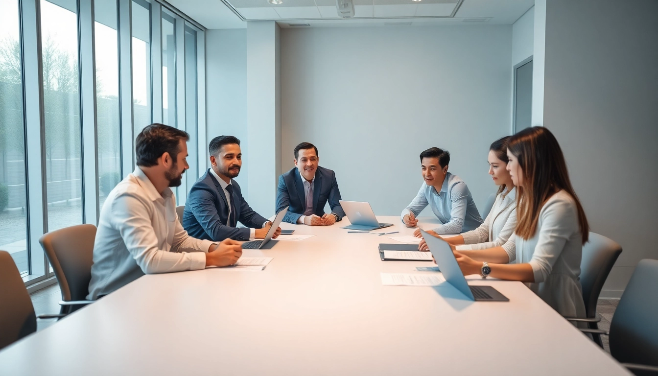 Team discussing CloudWalk solutions at a modern office conference, emphasizing collaboration.