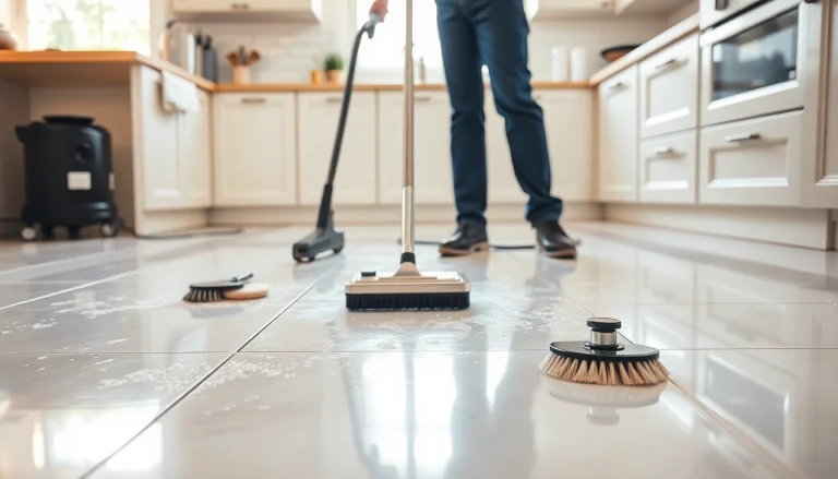 Professional tile cleaners near me performing efficient cleaning services in a modern kitchen.