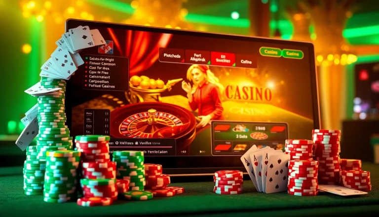 Scène captivante de casino en ligne Français avec des jetons de poker vibrants et des jeux de casino.