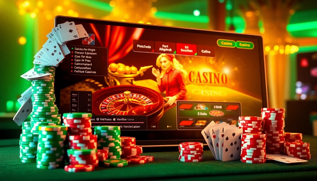 Scène captivante de casino en ligne Français avec des jetons de poker vibrants et des jeux de casino.