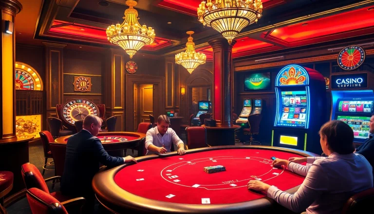 Une ambiance passionnante de casino en ligne Français, mettant en avant une partie de poker palpitante et une roue de roulette.