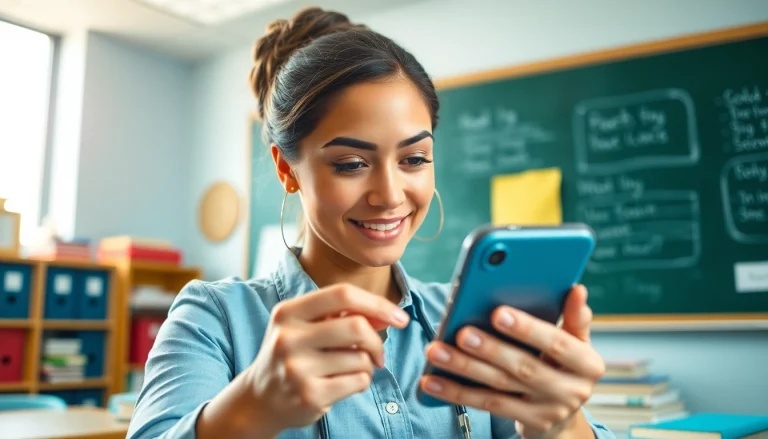 Handytasche Lehrer für Lehrer im Unterricht, zeigt den Umgang mit technischer Ausstattung.