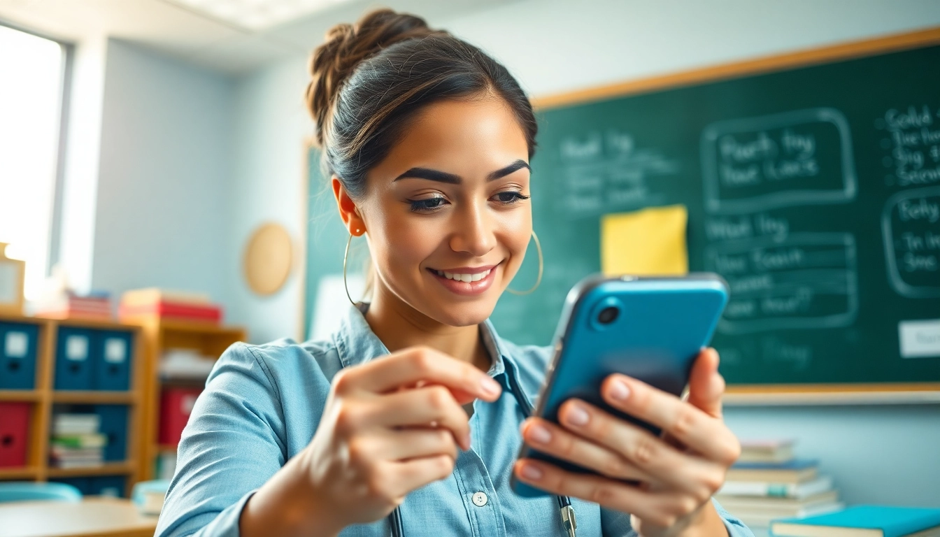 Handytasche Lehrer für Lehrer im Unterricht, zeigt den Umgang mit technischer Ausstattung.