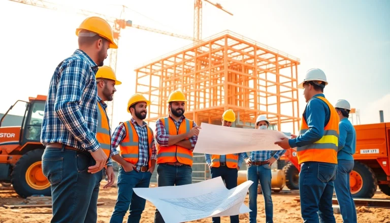 Construction member organization professionals collaborating on-site with blueprints and machinery.