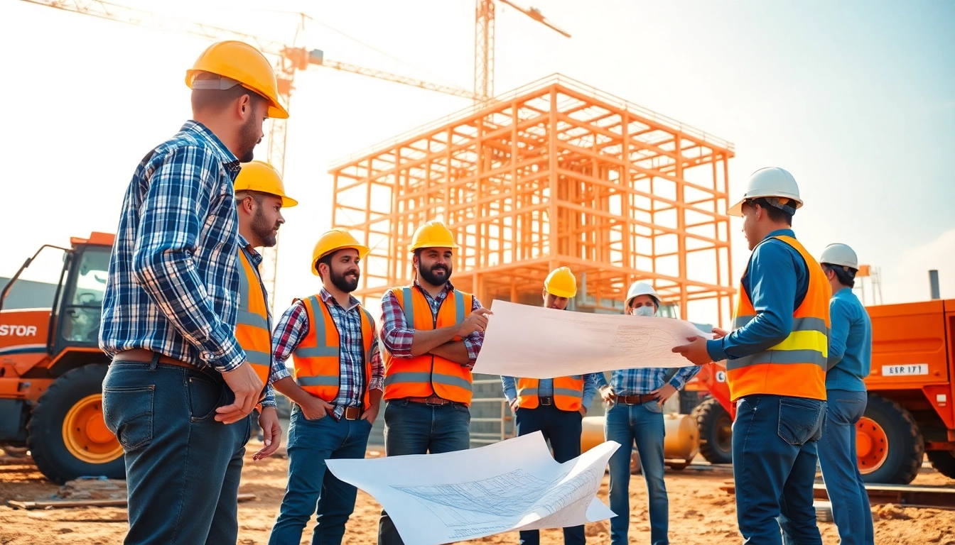 Construction member organization professionals collaborating on-site with blueprints and machinery.